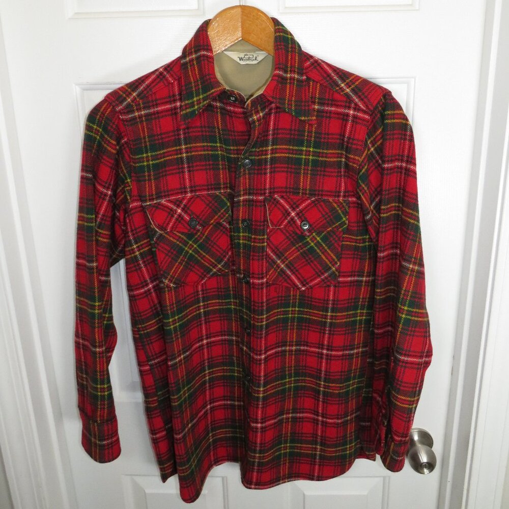 Vintage Woolrich Jacket Men's Medium Red Plaid Wool Shirt Jac Coat 70s CPO - Picture 1 of 6